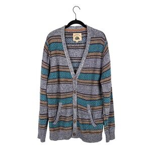 O'Hanlon Mills Mens XL V-Neck Cardigan Sweater Striped Gray Teal Aztec Boho